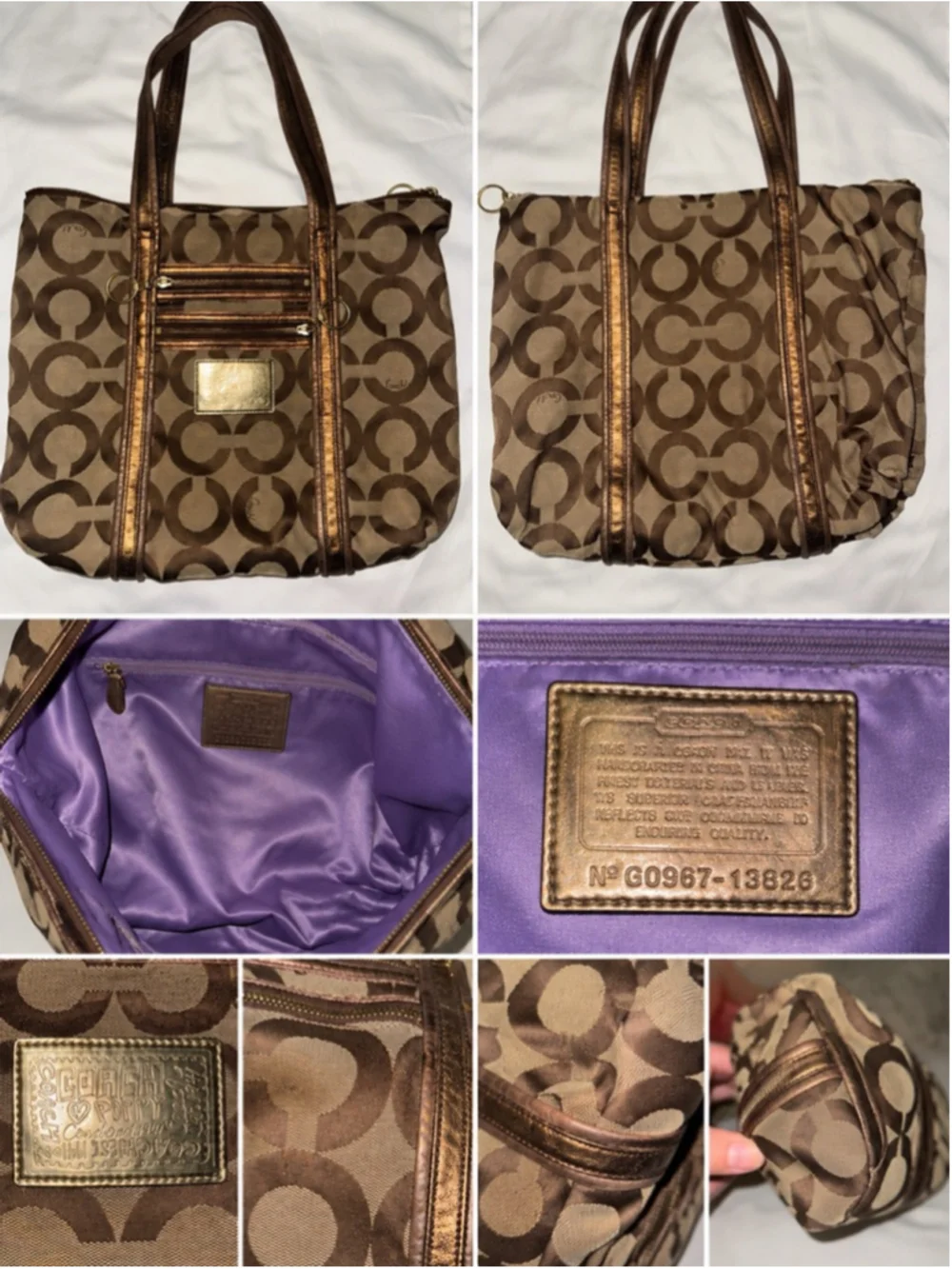 Coach Poppy Glam Op Art Tote Bag Bronze Metallic Trim Purple Satin Lining G0967-